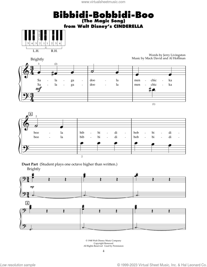 Bibbidi-Bobbidi-Boo (The Magic Song) (from Cinderella) sheet music for piano solo (5-fingers) by Verna Felton, Al Hoffman, Jerry Livingston and Mack David, beginner piano (5-fingers)