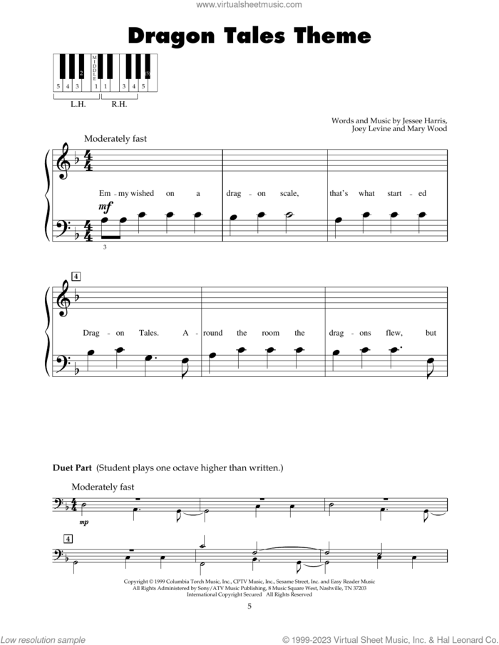 Dragon Tales Theme sheet music for piano solo (5-fingers) by Jessee Harris, Joey Levine and Mary Wood, beginner piano (5-fingers)