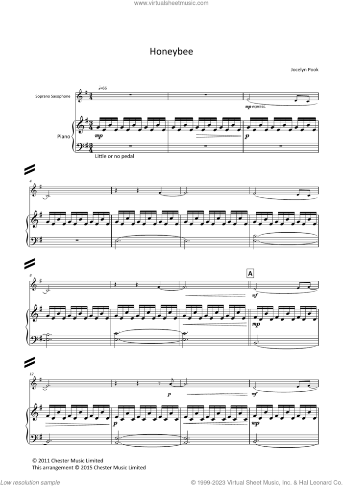 Honeybee sheet music for soprano saxophone and piano by Jocelyn Pook, classical score, intermediate skill level