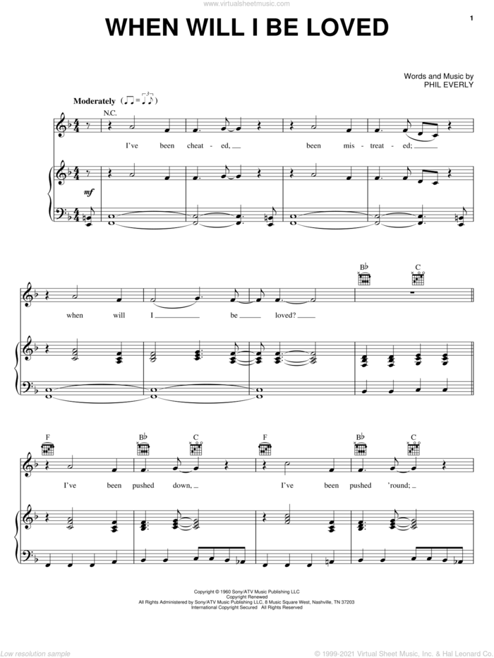 When Will I Be Loved sheet music for voice, piano or guitar by Everly Brothers, Linda Ronstadt and Phil Everly, intermediate skill level