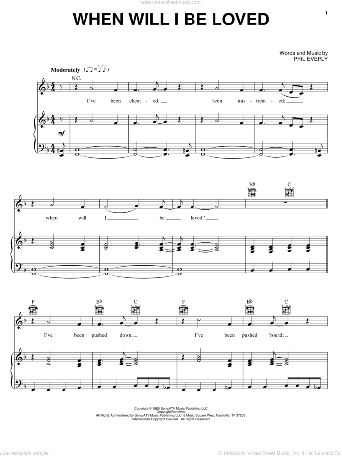 When Will I Be Loved sheet music for voice, piano or guitar by Everly Brothers, Linda Ronstadt and Phil Everly, intermediate skill level