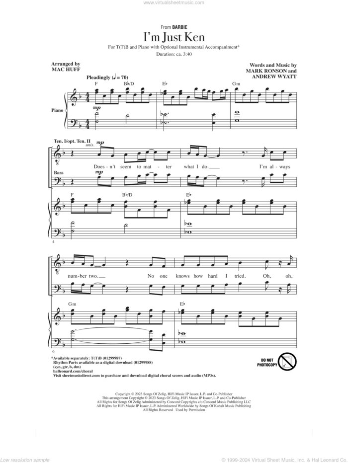 I'm Just Ken (from Barbie) (arr. Mac Huff) sheet music for choir (TTB: tenor, bass) by Ryan Gosling, Mac Huff, Andrew Wyatt and Mark Ronson, intermediate skill level