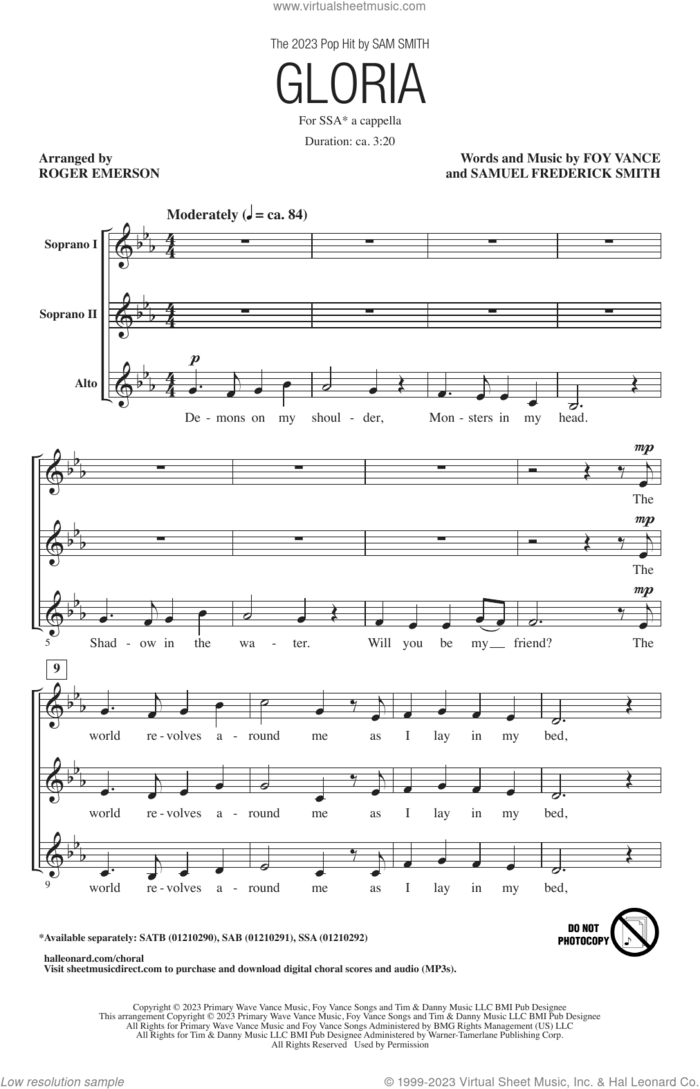 Gloria (arr. Roger Emerson) sheet music for choir (SSA: soprano, alto) by Sam Smith, Roger Emerson, Foy Vance and Samuel Frederick Smith, intermediate skill level