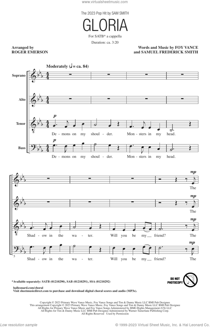 Gloria (arr. Roger Emerson) sheet music for choir (SATB: soprano, alto, tenor, bass) by Sam Smith, Roger Emerson, Foy Vance and Samuel Frederick Smith, intermediate skill level