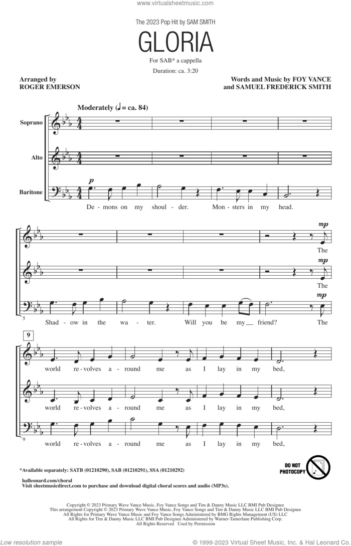 Gloria (arr. Roger Emerson) sheet music for choir (SAB: soprano, alto, bass) by Sam Smith, Roger Emerson, Foy Vance and Samuel Frederick Smith, intermediate skill level