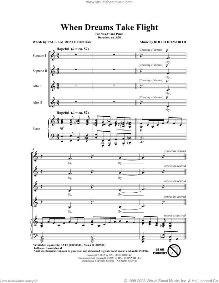 When Dreams Take Flight sheet music for choir (SSAA: soprano, alto) by Rollo Dilworth and Paul Laurence Dunbar, intermediate skill level