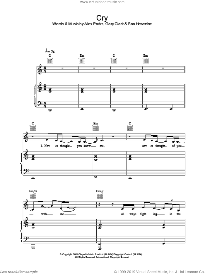 Cry sheet music for voice, piano or guitar by Alex Parks, intermediate skill level