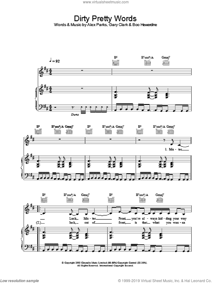 Dirty Pretty Words sheet music for voice, piano or guitar by Alex Parks, intermediate skill level