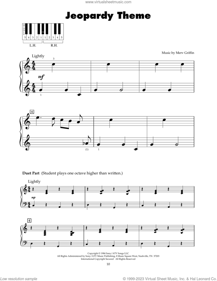 Jeopardy Theme sheet music for piano solo (5-fingers) by Merv Griffin, beginner piano (5-fingers)