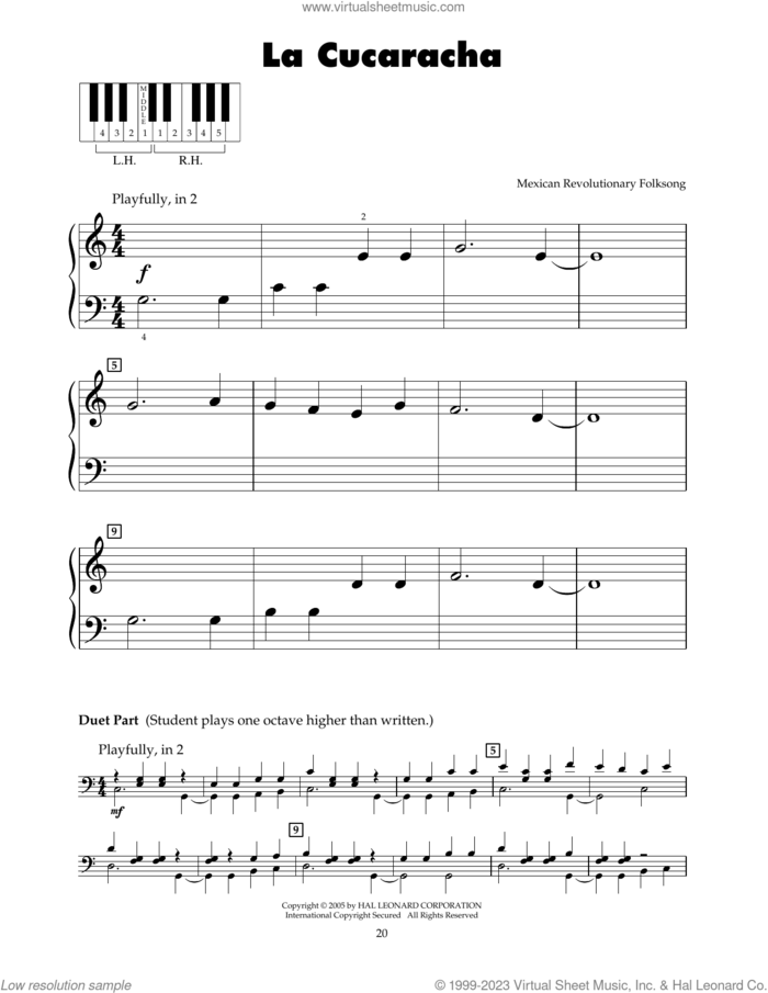 La Cucaracha sheet music for piano solo (5-fingers), beginner piano (5-fingers)