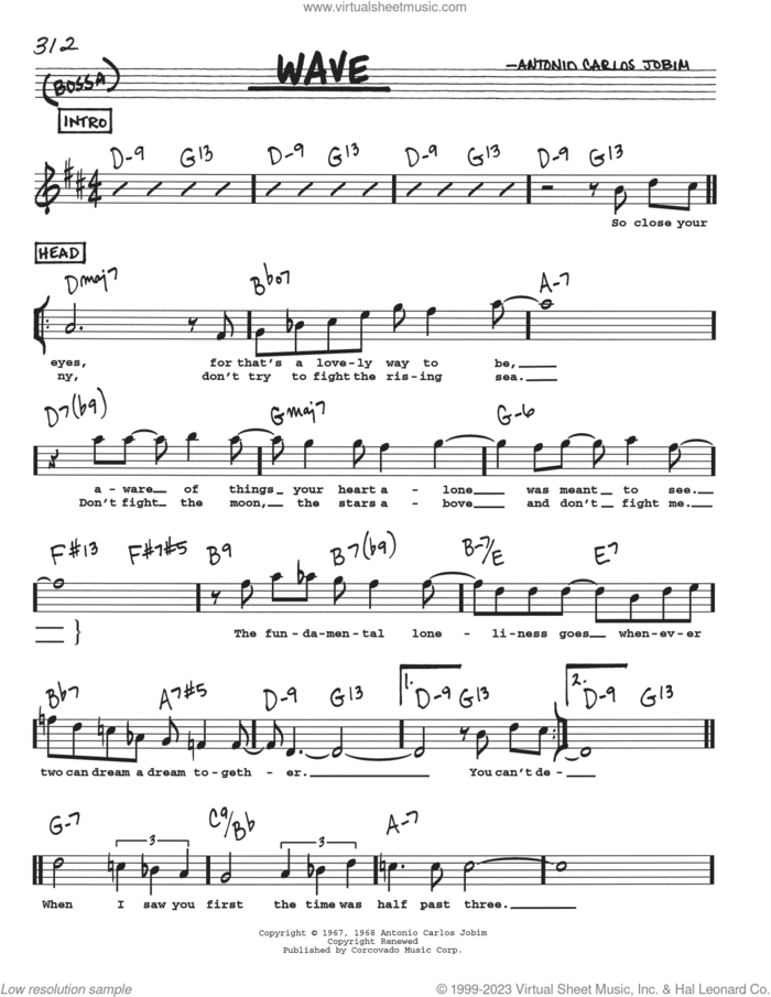 Wave sheet music for voice and other instruments  by Antonio Carlos Jobim, intermediate skill level