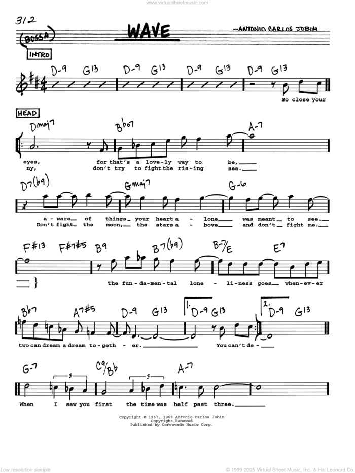 Wave sheet music for voice and other instruments  by Antonio Carlos Jobim, intermediate skill level