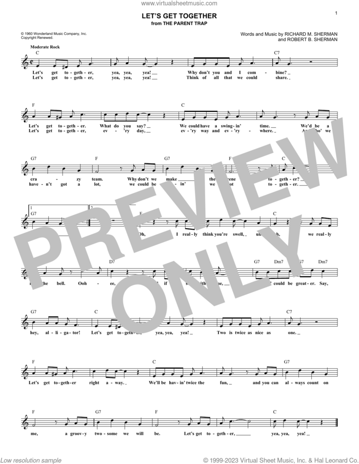 Let's Get Together sheet music for voice and other instruments (fake book) by Hayley Mills, Richard M. Sherman and Robert B. Sherman, intermediate skill level