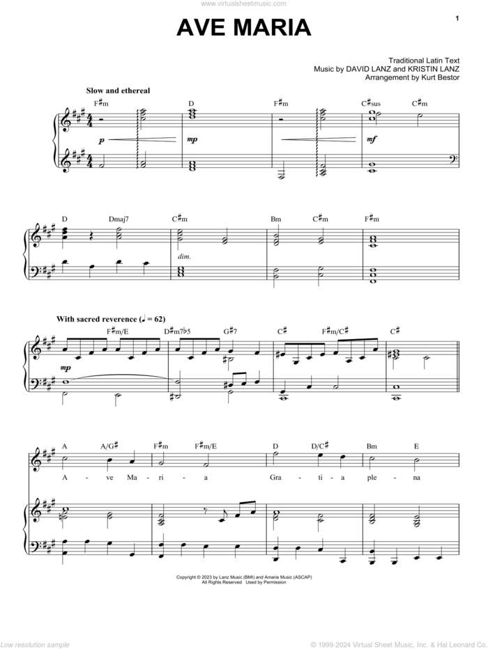 Ave Maria sheet music for voice and piano by David Lanz & Kristin Amarie, David Lanz, Kristin Lanz and Miscellaneous, classical score, intermediate skill level