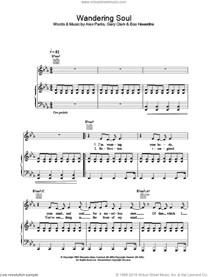 Wandering Soul sheet music for voice, piano or guitar by Alex Parks, intermediate skill level