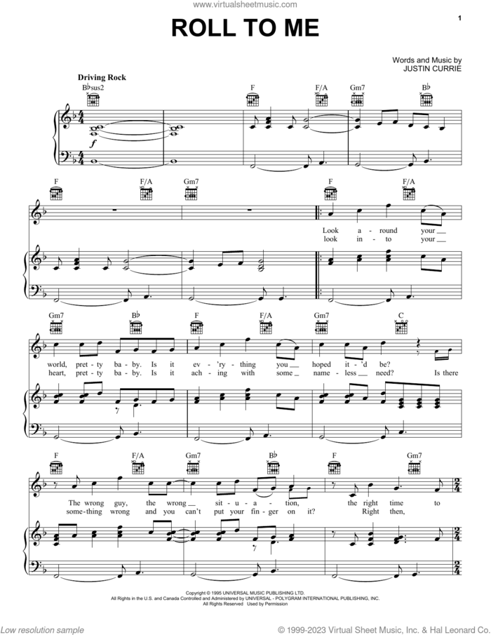 Roll To Me sheet music for voice, piano or guitar by Del Amitri and Justin Currie, intermediate skill level