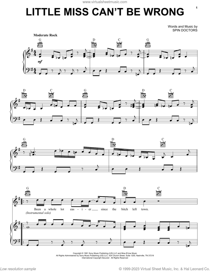 Little Miss Can't Be Wrong sheet music for voice, piano or guitar by Spin Doctors, intermediate skill level