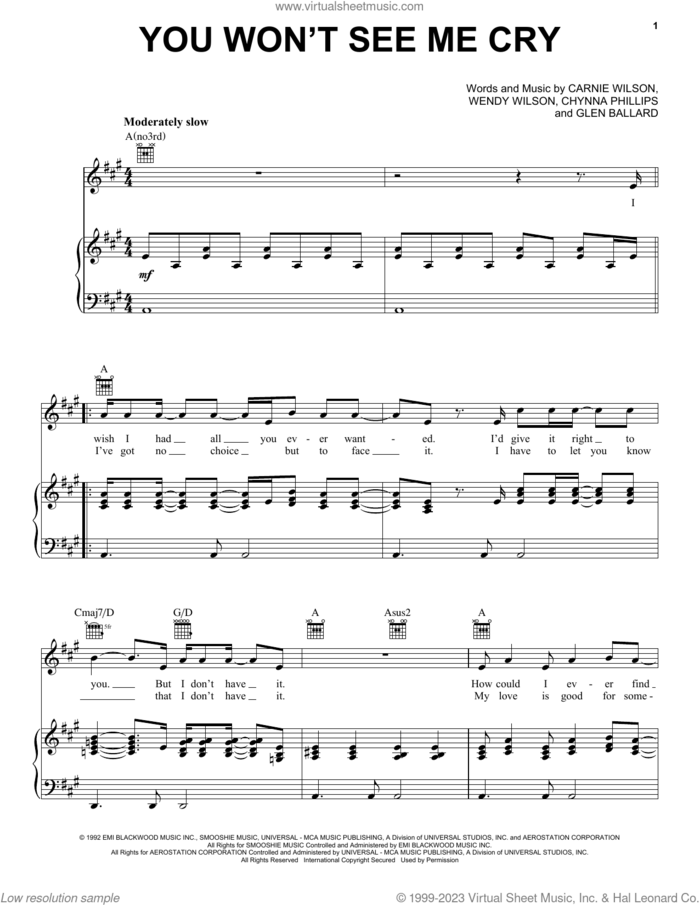 You Won't See Me Cry sheet music for voice, piano or guitar by Wilson Phillips, Carnie Wilson, Chynna Phillips, Glen Ballard and Wendy Wilson, intermediate skill level