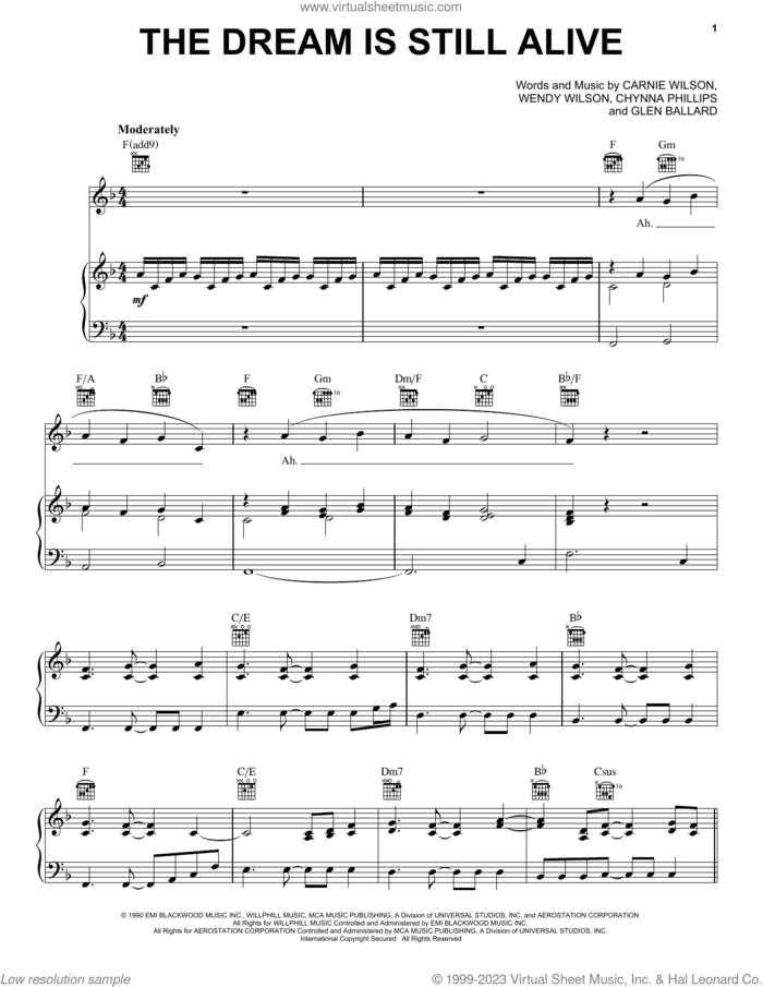 The Dream Is Still Alive sheet music for voice, piano or guitar by Wilson Phillips, Carnie Wilson, Chynna Phillips, Glen Ballard and Wendy Wilson, intermediate skill level