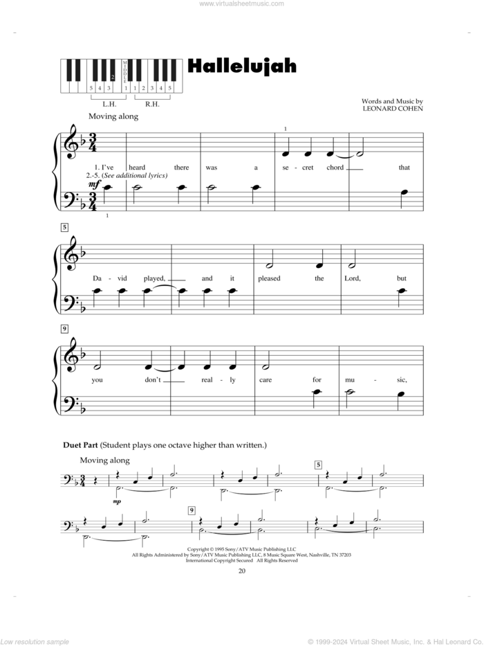 Hallelujah sheet music for piano solo (5-fingers) by Leonard Cohen, beginner piano (5-fingers)