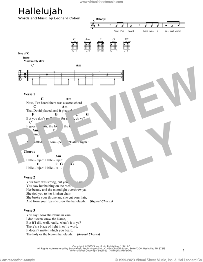 Hallelujah sheet music for guitar (chords) by Leonard Cohen, intermediate skill level