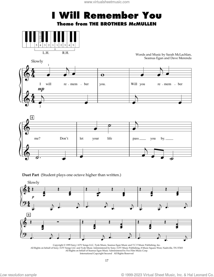 I Will Remember You sheet music for piano solo (5-fingers) by Sarah McLachlan, Dave Merenda and Seamus Egan, beginner piano (5-fingers)
