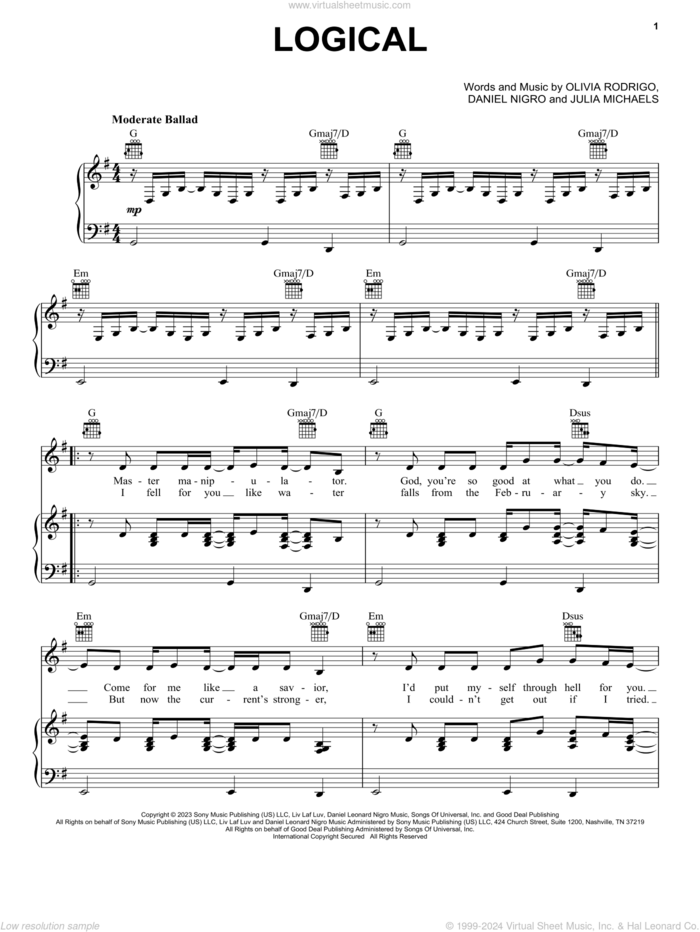 logical sheet music for voice, piano or guitar by Olivia Rodrigo, Daniel Nigro and Julia Michaels, intermediate skill level