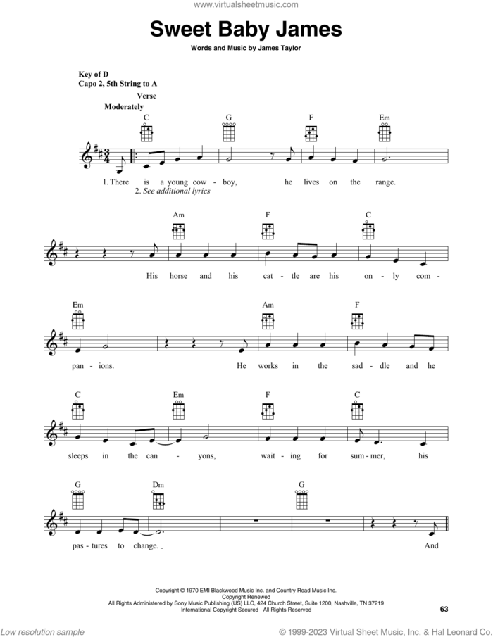 Sweet Baby James (arr. Fred Sokolow) sheet music for banjo solo by James Taylor and Fred Sokolow, intermediate skill level