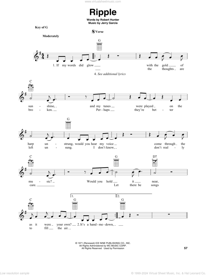 Ripple (arr. Fred Sokolow) sheet music for banjo solo by Grateful Dead, Fred Sokolow, Jerry Garcia and Robert Hunter, intermediate skill level