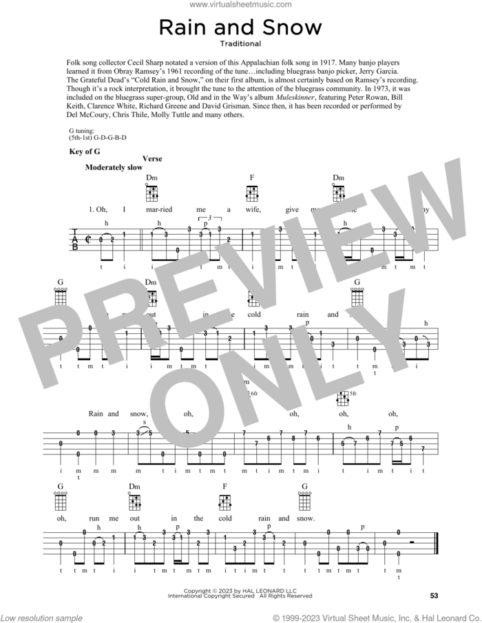 Rain And Snow sheet music for banjo solo  and Fred Sokolow, intermediate skill level