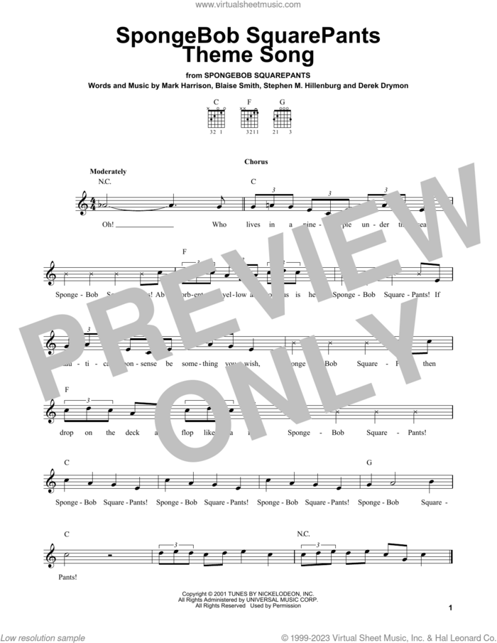 SpongeBob SquarePants Theme Song sheet music for guitar solo (chords) by Blaise Smith, Derek Drym, Mark Harrison and Steve Hillenburg, easy guitar (chords)