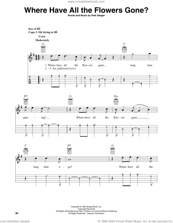 Where Have All The Flowers Gone? (arr. Fred Sokolow) sheet music for banjo solo by Pete Seeger, Fred Sokolow, Peter, Paul & Mary and The Kingston Trio, intermediate skill level