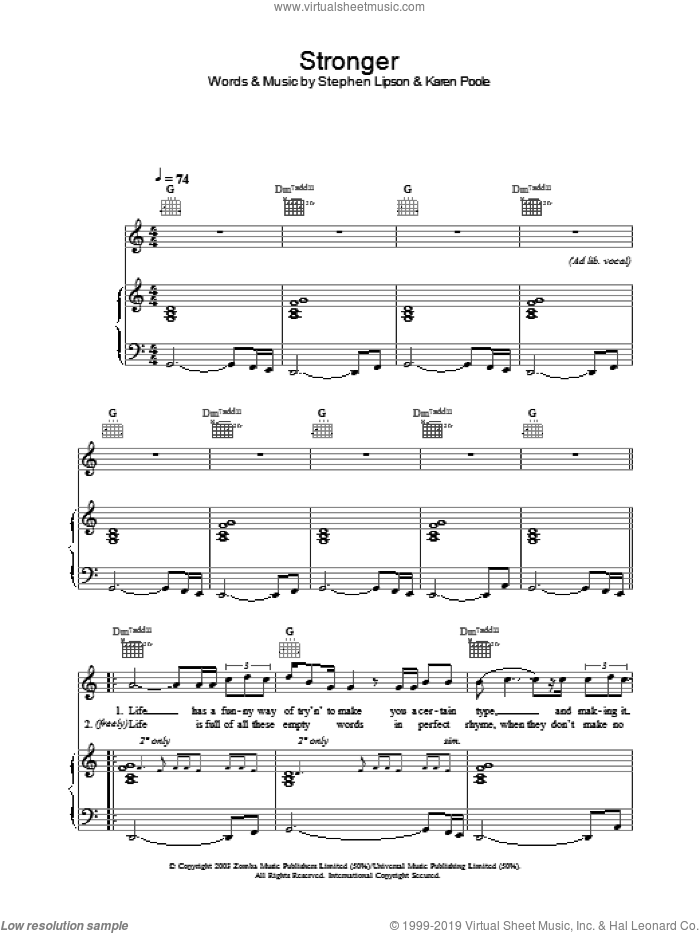 Stronger sheet music for voice, piano or guitar by Will Young, intermediate skill level