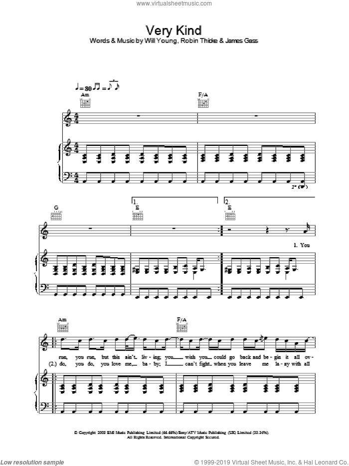 Very Kind sheet music for voice, piano or guitar by Will Young, intermediate skill level