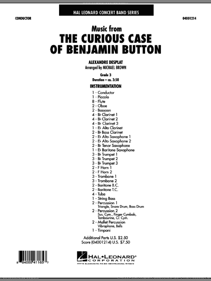 Music from The Curious Case of Benjamin Button (COMPLETE) sheet music for concert band by Michael Brown and Alexandre Desplat, intermediate skill level