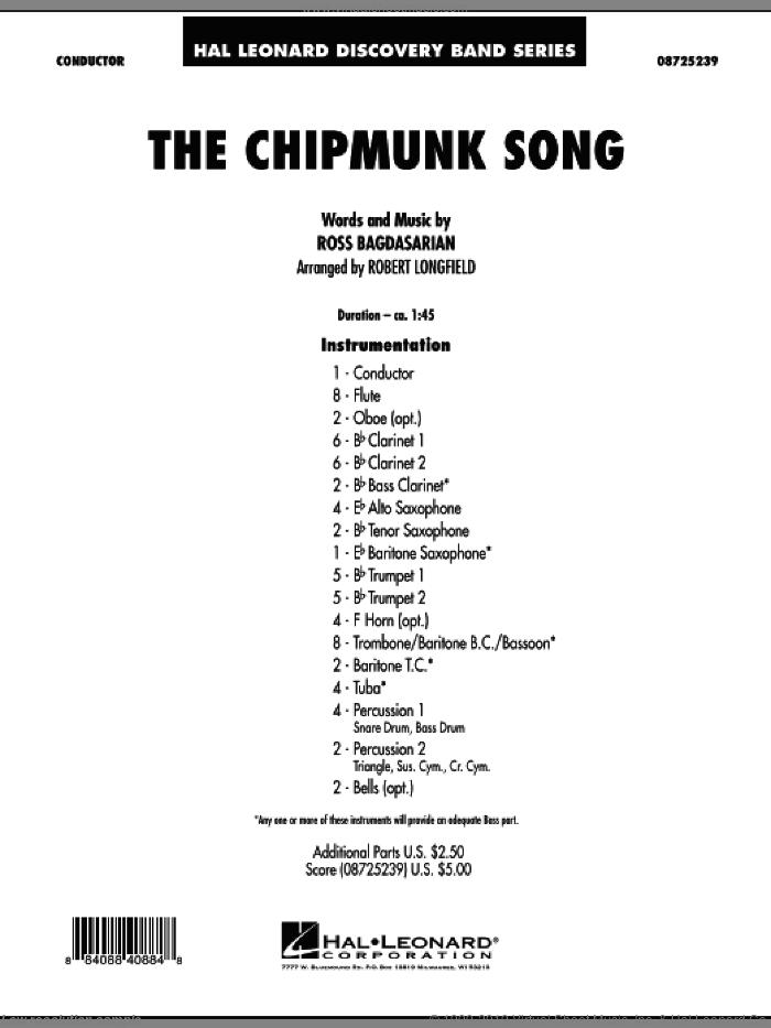 The Chipmunk Song (COMPLETE) sheet music for concert band by Robert Longfield and Ross Bagdasarian, intermediate skill level