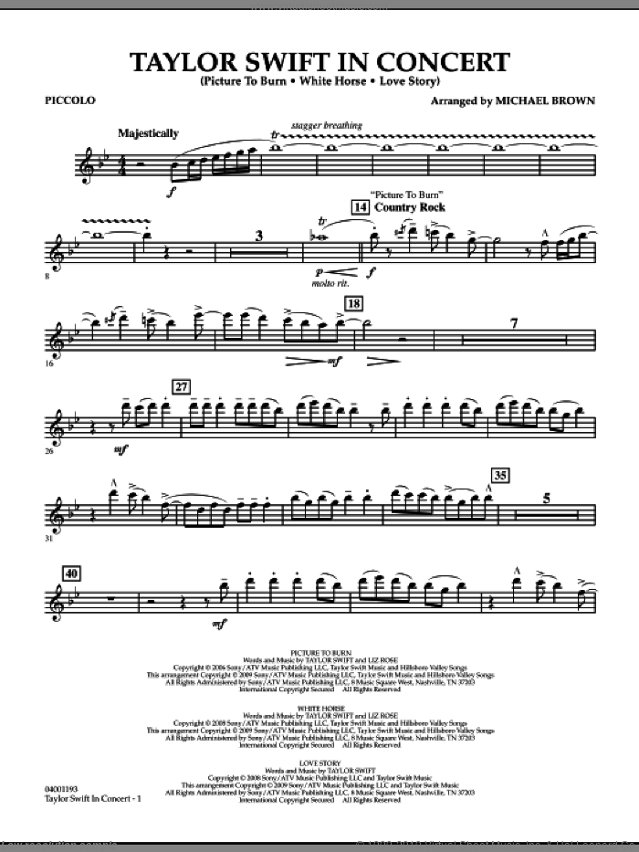 Taylor Swift, in concert sheet music for concert band (piccolo) by Taylor Swift and Michael Brown, intermediate skill level