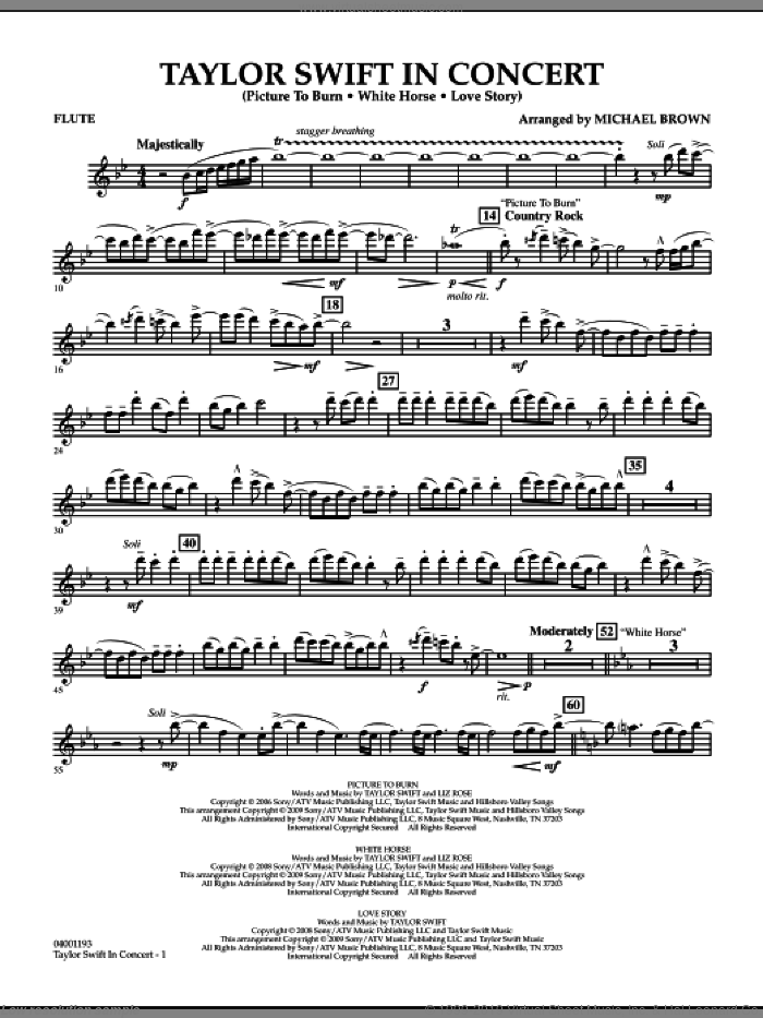 Taylor Swift, in concert sheet music for concert band (flute) by Taylor Swift and Michael Brown, intermediate skill level