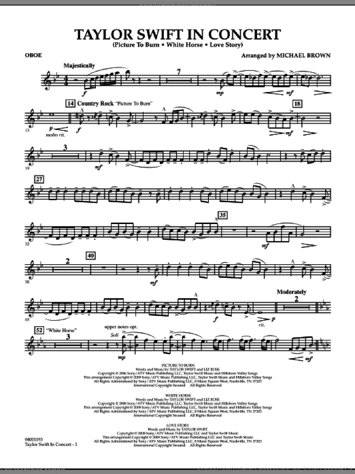 Taylor Swift, in concert sheet music for concert band (oboe) by Taylor Swift and Michael Brown, intermediate skill level