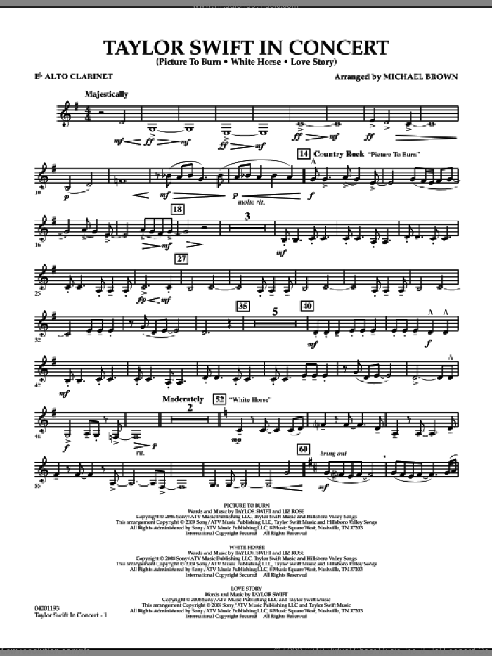 Taylor Swift, in concert sheet music for concert band (Eb alto clarinet) by Taylor Swift and Michael Brown, intermediate skill level