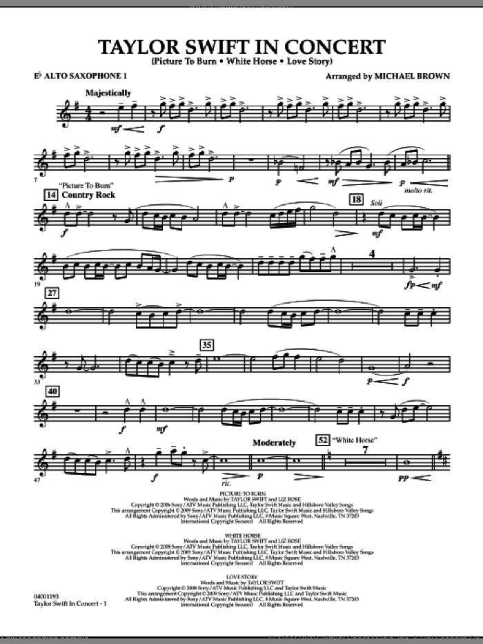 Taylor Swift, in concert sheet music for concert band (Eb alto saxophone 1) by Taylor Swift and Michael Brown, intermediate skill level