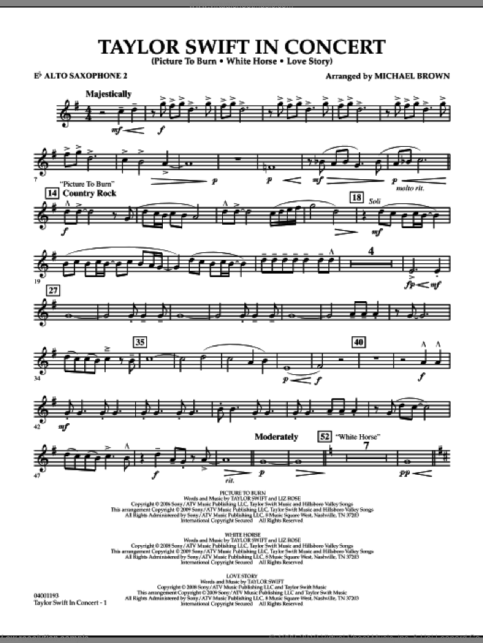 Taylor Swift, in concert sheet music for concert band (Eb alto saxophone 2) by Taylor Swift and Michael Brown, intermediate skill level