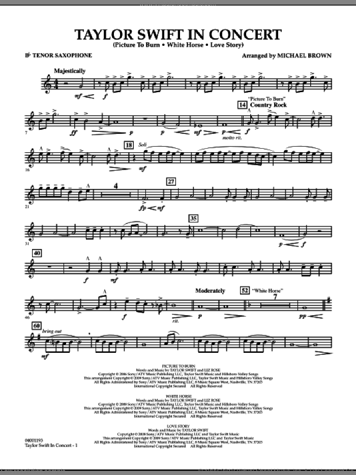 Taylor Swift, in concert sheet music for concert band (Bb tenor saxophone) by Taylor Swift and Michael Brown, intermediate skill level