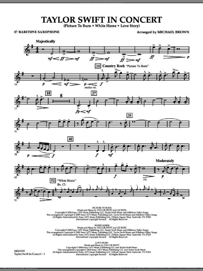 Taylor Swift, in concert sheet music for concert band (Eb baritone saxophone) by Taylor Swift and Michael Brown, intermediate skill level