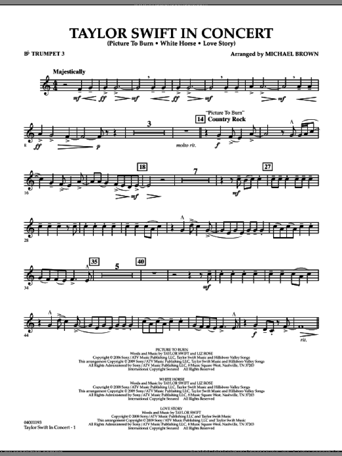 Taylor Swift, in concert sheet music for concert band (Bb trumpet 3) by Taylor Swift and Michael Brown, intermediate skill level