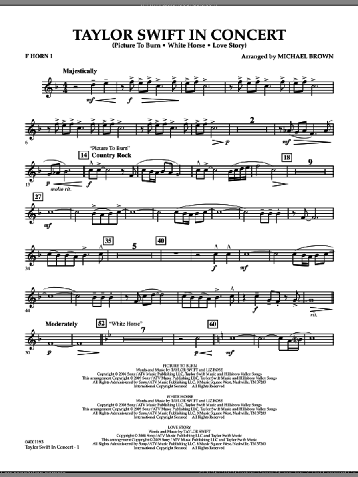 Taylor Swift, in concert sheet music for concert band (f horn 1) by Taylor Swift and Michael Brown, intermediate skill level