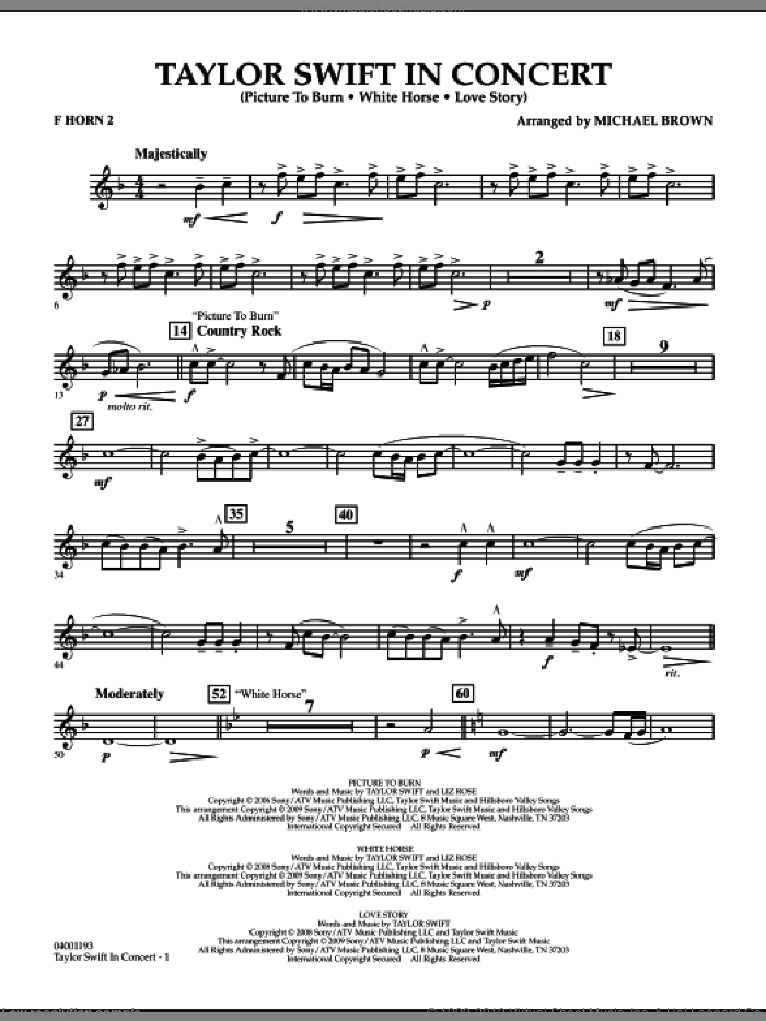 Taylor Swift, in concert sheet music for concert band (f horn 2) by Taylor Swift and Michael Brown, intermediate skill level
