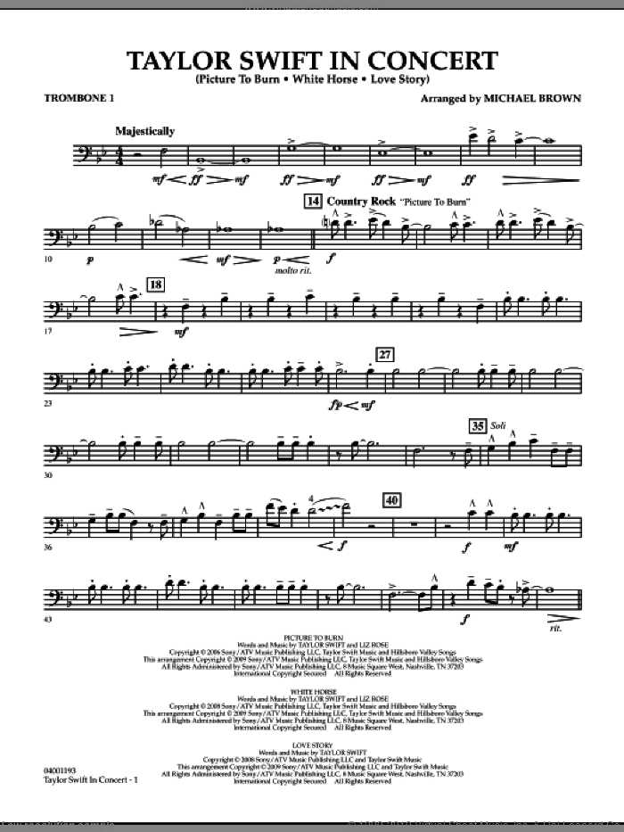 Taylor Swift, in concert sheet music for concert band (trombone 1) by Taylor Swift and Michael Brown, intermediate skill level