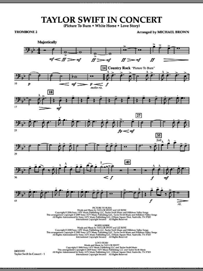 Taylor Swift, in concert sheet music for concert band (trombone 2) by Taylor Swift and Michael Brown, intermediate skill level