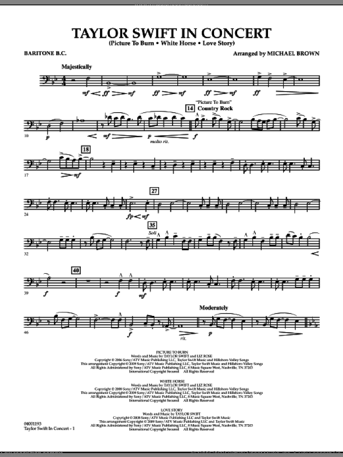 Taylor Swift, in concert sheet music for concert band (baritone b.c.) by Taylor Swift and Michael Brown, intermediate skill level